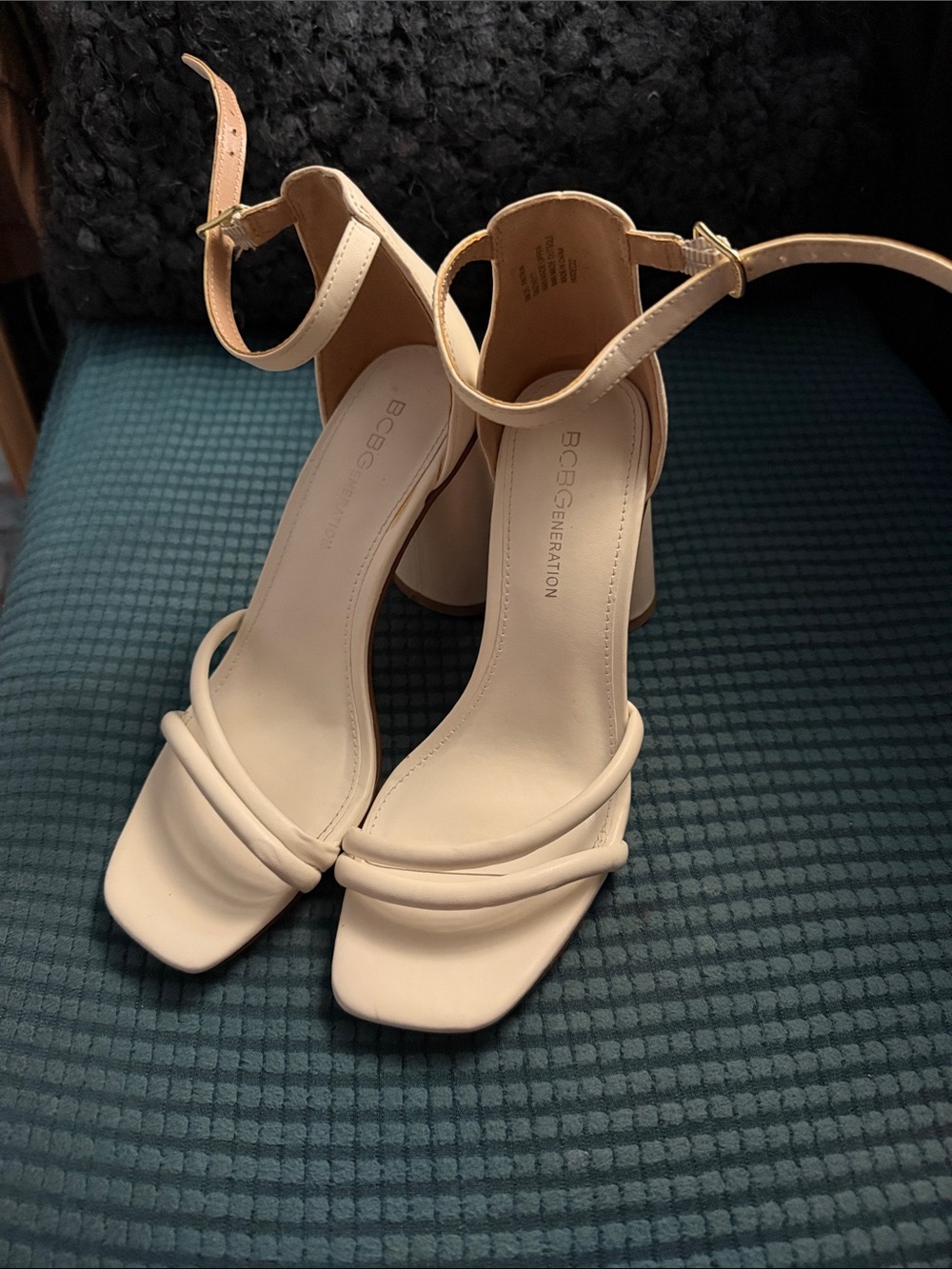 BCBGeneration White Double-Band Ankle-Strap Block Heels